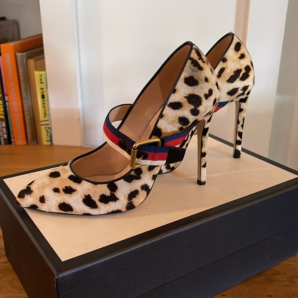 Sylvie Leopard Print Stiletto Heels with Red and Blue Straps - Picture 3 of 8